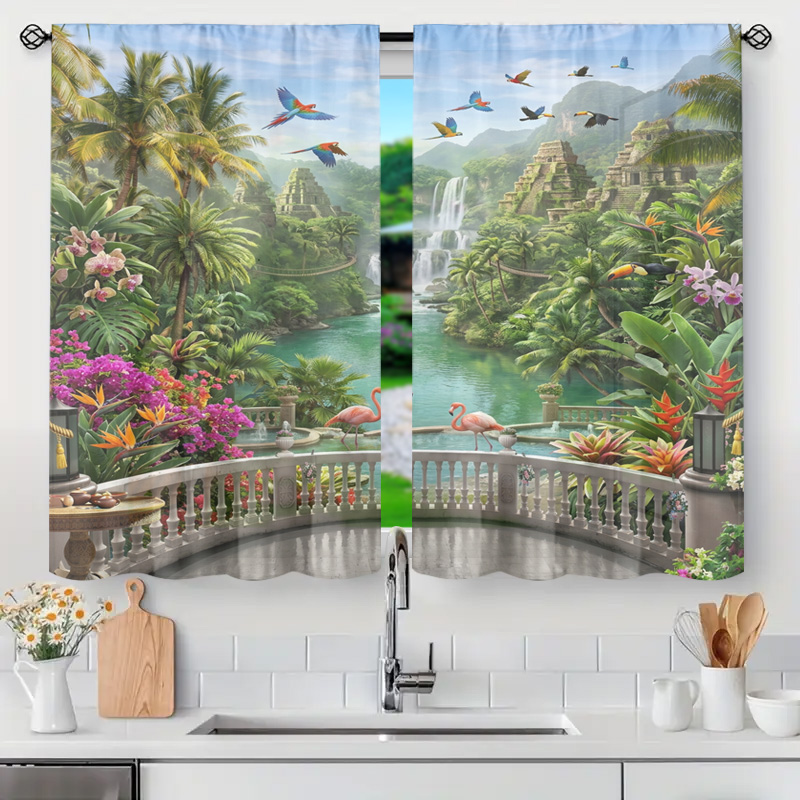 Home Decor Bali - Canlı Tropikal Orman Şelale Manzarası Perde