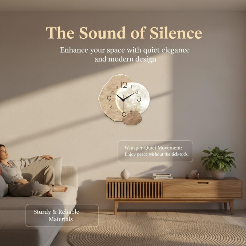 Wall Clock Silent - Minimalist Ay Tasarımlı Sessiz Duvar Saati,