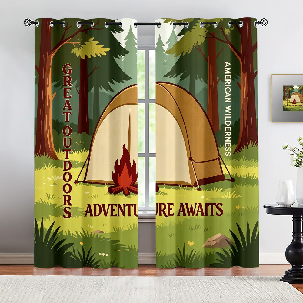 Home Decor Curtains - Kamp Manzarası Baskılı Perdeler, Rustik Doğa