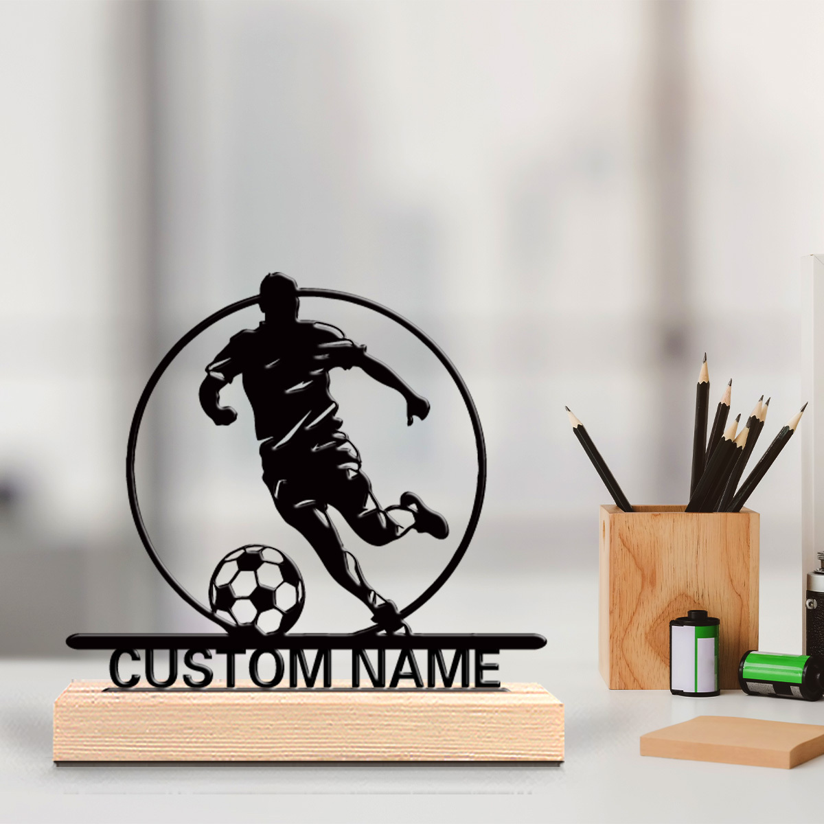 Home Decor Furniture - İsme Özel Metal Futbolcu Heykeli, Ahşap
